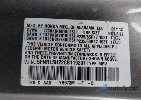 2012 Honda Odyssey Lx z USA, uszkodzony, nr VIN 5FNRL5H22CB119207
